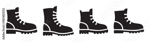 Four black and white vector icons of sturdy work boots with laces and thick soles, representing various types of protective footwear.