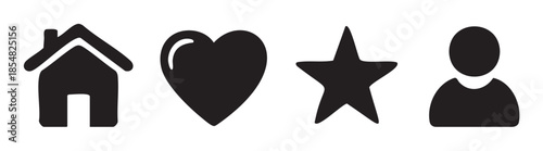 Home heart star person icons are fundamental symbols representing common digital interface options for users to navigate, save, and personalize their experience.