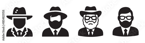 Four diverse men wearing hats and suits are depicted in a minimalist icon set, representing various professional or character types.