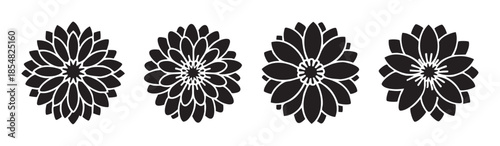Four black floral designs with intricate petal patterns are arranged in a horizontal row, showcasing elegant and symmetrical decorative elements.