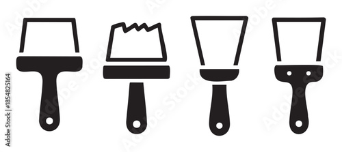 Various painting brushes and spatulas vector icons representing different construction, renovation, and art tools commonly used for various projects.