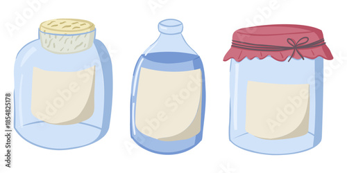 Hand drawn set of empty glass jars with blank labels isolated on white background in soft pastel vector style. The image represents food storage, packaging mockup
