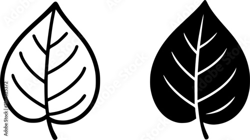 Betel leaf illustration icon, black and white, outline and silhouette versions