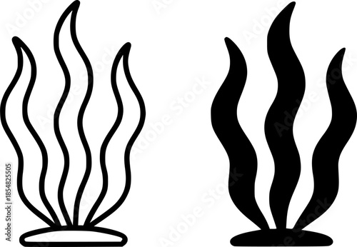 Algae illustration icon, black and white, outline and silhouette versions
