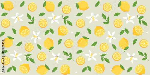 Seamless pattern with whole lemons and sliced, green leaves and flowers. Citrus background in Italian style for decoration of dishes, fabric prints, poster and wrapping paper
