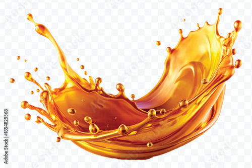 realistic fresh liquid honey or oil splash with drops  in curve style isolated on transparent background