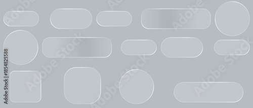 Liquid glass vector buttons and round circle in different shapes. Liquid glass collection of transparent, rounded buttons and shapes, showcasing a modern aesthetic for UI designs