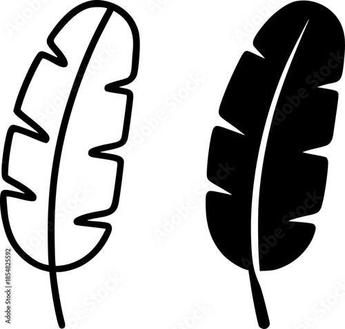 Banana leaf illustration icon, black and white, outline and silhouette versions