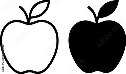 Fruit icon, apple illustration, black and white, outline and silhouette versions