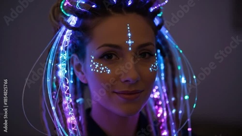Woman with Futuristic Neon Dreadlocks and Face Paint, Glowing Fiber Optic Hair