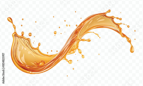 realistic fresh liquid honey or oil splash with drops  in curve style isolated on transparent background