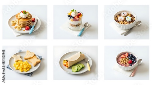 Breakfast foods pancakes cereal burrito and oatmeal on white