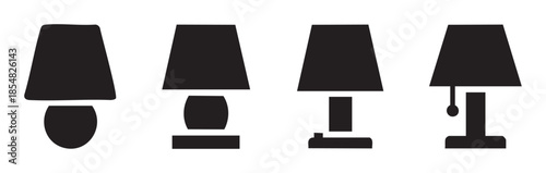Four different table lamps are depicted as simple black silhouettes, representing various styles of indoor lighting fixtures for home or office decor.