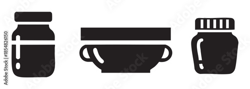 Three black silhouette icons of jars, bowls, and bottles representing kitchenware, food storage, and packaging in a minimalist graphic style.
