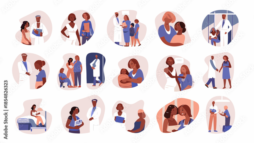 Fototapeta premium Diverse medical staff interacting with patients in a healthcare setting illustration