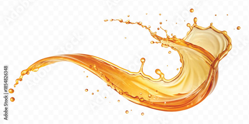 realistic fresh liquid honey or oil splash with drops  in curve style isolated on transparent background
