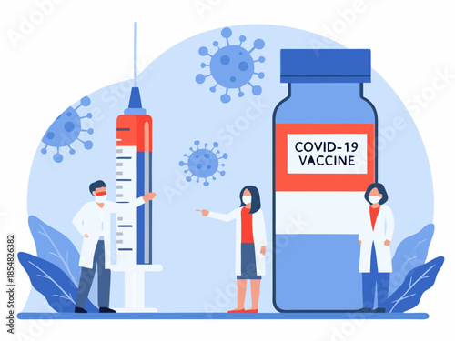 Covid 19 vaccine illustration with syringe medical staff and virus particles depicted