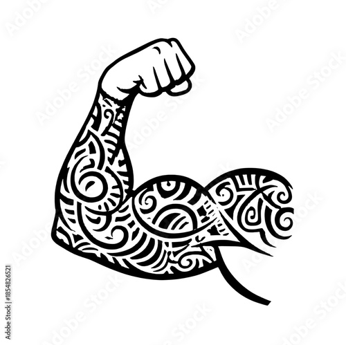Muscular arm flexing strength illustration with tribal tattoo pattern design.