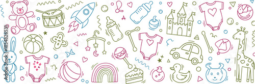 Baby doodle illustration pattern with colorful nursery icons, toys, animals, clothes, and playful elements, cute hand drawn design for kids decor, prints, and stationery