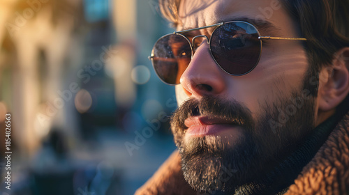 Stylish Close-Up Portrait of Bearded Man Wearing Sunglasses in Urban City Light