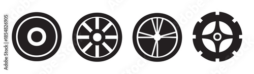 Four different wheel icons representing various designs for automotive, industrial, and mechanical concepts in a minimalist black and white vector illustration.