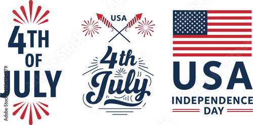 Fourth of July USA Independence Day vintage typography collection with fireworks, American flag, and patriotic lettering designs for holiday apparel, posters, social media, and decor