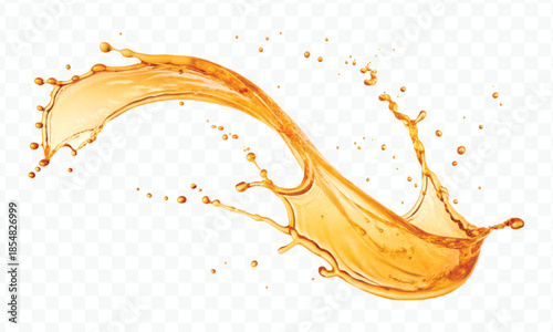 realistic fresh liquid honey or oil splash with drops  in curve style isolated on transparent background
