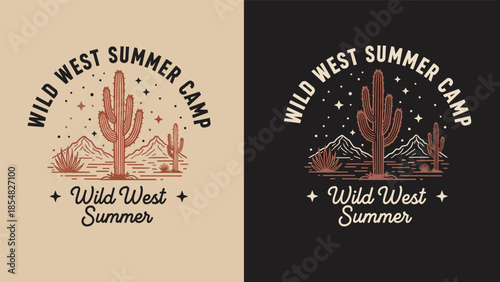 Wild West summer camp vintage illustration with desert cactus and mountains, western outdoor adventure design for camping apparel, posters, travel branding, and decor
