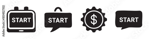 These four black and white icons represent various concepts of initiation and financial beginnings for digital applications and business processes.