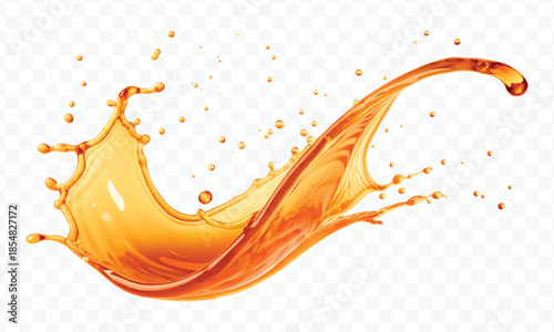 realistic fresh liquid honey or oil splash with drops  in curve style isolated on transparent background