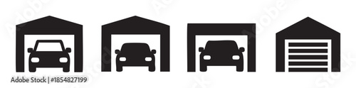 Garage car parking icons set vector illustration depicting various styles of vehicle storage and protection for automotive and property concepts.