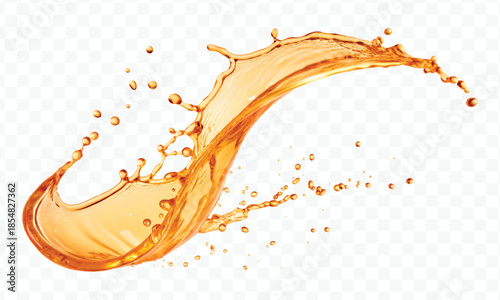 realistic fresh liquid honey or oil splash with drops  in curve style isolated on transparent background