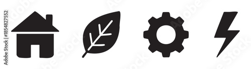 Four black icons representing home, nature, industry, and energy concepts in a clean, modern, and versatile graphic design suitable for various applications.