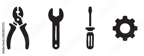 Pliers wrench screwdriver gear and other mechanical tools are displayed as simple black silhouette icons representing repair, maintenance, and engineering concepts.