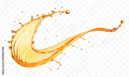 realistic fresh liquid honey or oil splash with drops  in curve style isolated on transparent background
