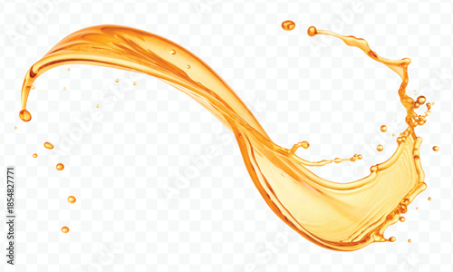 realistic fresh liquid honey or oil splash with drops  in curve style isolated on transparent background