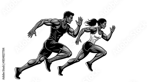 Dynamic Vector Illustration of Male and Female Athletes Sprinting Side by Side