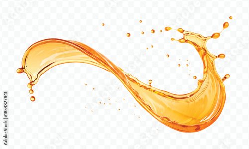 realistic fresh liquid honey or oil splash with drops  in curve style isolated on transparent background