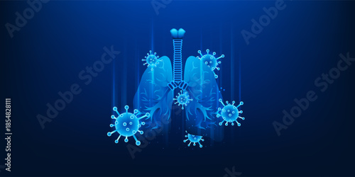 Medical Technology Lung Scan Visualization, Virus and Dust Particles Entering Human Lungs, Respiratory Disease Analysis, Air Pollution Impact, Healthcare Diagnostic, Infection Detection, Illustration