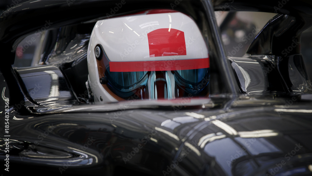 Fototapeta premium A fast racing car stands in the pitlane garage before the race