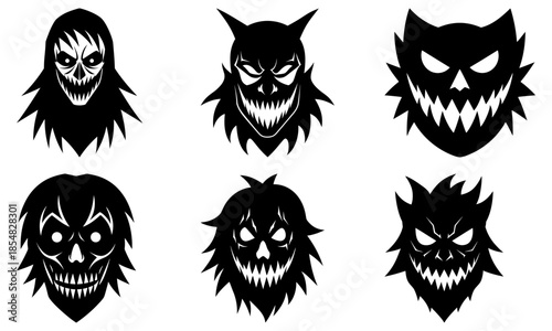 Six Black Skull Faces with Sharp Teeth and Hair on White Background