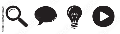 Magnifying glass, speech bubble, light bulb, play button icons representing essential functions for modern digital communication and discovery.