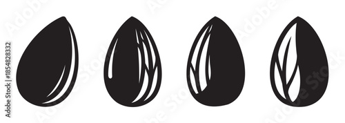 Four black almond seeds are arranged in a horizontal row, each featuring unique internal line patterns, creating a minimalist graphic design.