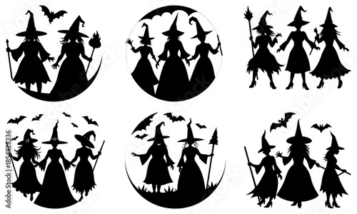 Three Witches Silhouettes with Bats on White Background Halloween black