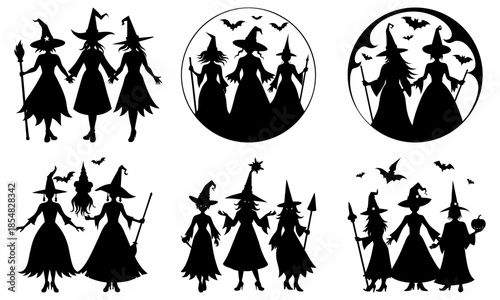 Group of Witches Silhouettes with Bats on White Background Halloween black