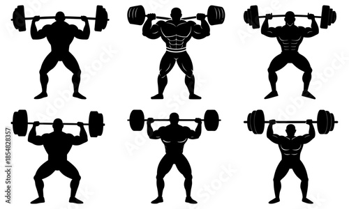 Six muscular men lifting barbell weights in silhouette on white background