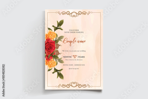 WEDDING INVITATION FRAME WITH FLOWER DECORATIONS AND FRESH LEAVES