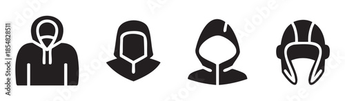 Hooded figures and headgear icons represent various forms of protective and casual wear, perfect for modern graphic design and digital applications.