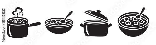 Cooking process icons showing various stages of meal preparation, including boiling, stirring, and serving, in a simple graphic style.