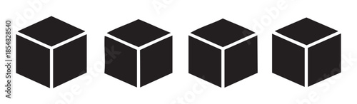Four black isometric cubes arranged in a row creating a minimalist and abstract geometric pattern, perfect for modern design concepts.